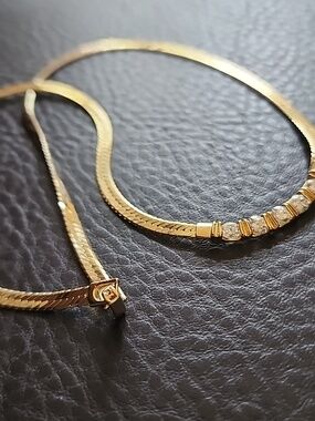 Gold Herringbone Necklace with Crystal Accents
